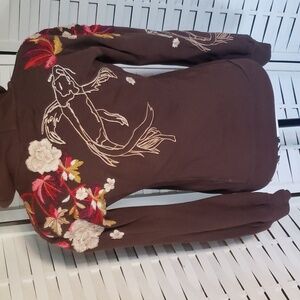 Johnny Was brown embroidery Koi fish and floral full zip hoodie sweatshi…